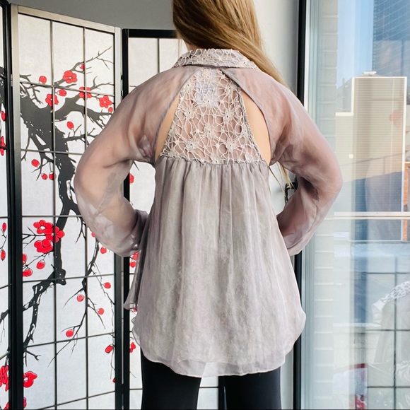 Anthropologie RYU: Flare LACE & GRAY Guipure Chiffon Cut Out Blouse Top - Picture 4 of 17